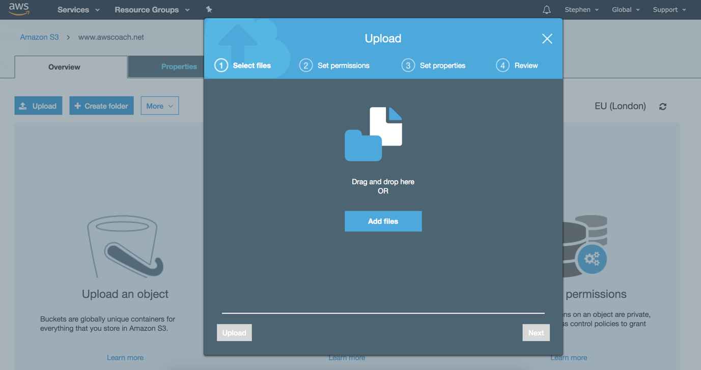 Shows the interface for uploading files to S3 via the AWS management console.